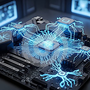 Advanced Computer Processor Board with Glowing Circuits and Data Flow