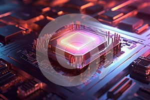 Computer Processor Central Processing Unit with Integrated Microchip and Neon Light on Component System