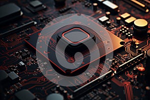 Computer processor chip, circuit board and electronic components. Computer chip on a motherboard