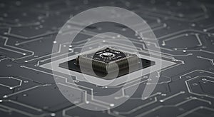 Computer Processor Chip on Dark Circuit Board with Electronic Pathways