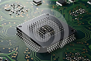 computer processor chip on a green circuit board, illustrating technology and electronic components