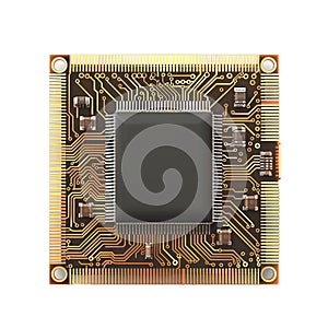 Computer processor chip showing complex electronic circuitry on white background
