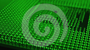 Computer processor close up. Dark green tinted background or backdrop. Information technology wallpaper. A pattern of contacts and