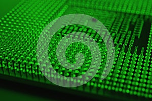 Computer processor close up. Dark green tinted background or backdrop. Information technology wallpaper. A pattern of contacts and