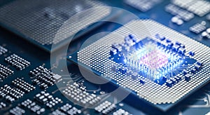 Computer processor with glowing core, artificial intelligence and machine learning concept, powerful cpu chip on motherboard,