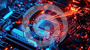 Computer processor on illuminated circuit board with glowing lines