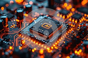 Computer Processor Microchip with AI Sign on a Glowing Circuit Board extreme closeup. Generative AI