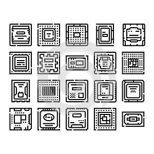 Computer processor microchip circuit technology line icons