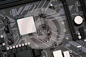 Computer processor and motherboard. Printed circuit board. Electronic computer hardware technology. Motherboard digital chip