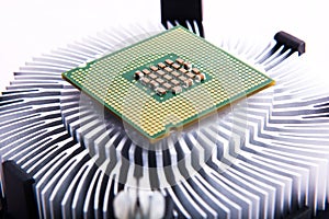 Computer processor and radiator on white background