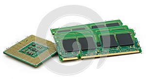 Computer processor and ram modules on a white background