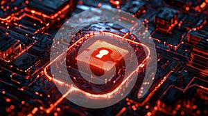 Computer processor with red light glowing technology circuitry closeup