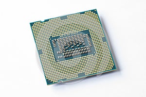 Computer processor on white background. The view from the top. Close up