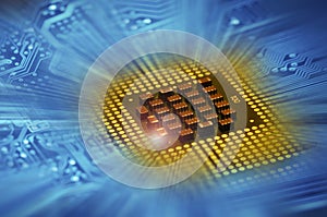 Computer processors and blue electronic circuit with lighting effects postproduction photo