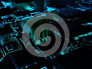 computer processors close-up in bright blue backlight