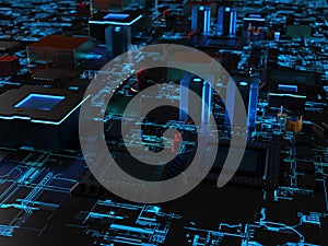 Computer processors close-up in bright blue backlight