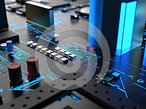 computer processors close-up in bright blue backlight