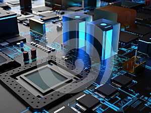 Computer processors close-up in bright blue backlight