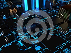 computer processors close-up in bright blue backlight