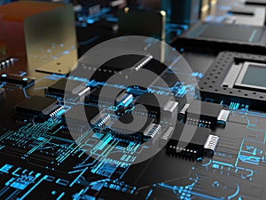 computer processors close-up in bright blue backlight