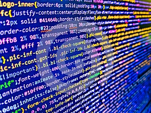 Computer program. Coding background. Website design. Web site codes on computer monitor. Front-end applications in the color