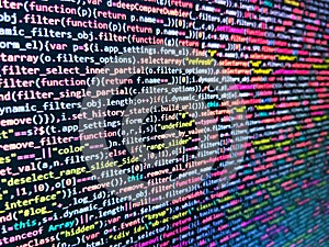 Computer program preview. Abstract computer script source code. Php code on blue background in code editor. Coding application by