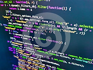 Computer program preview. Computer language script code screen. Developer working on software codes in office. Abstract program