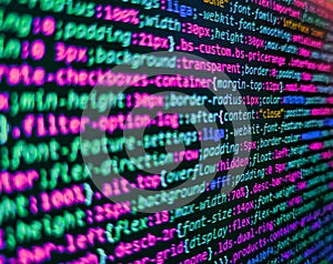Computer program preview. Screen of web developing php code on dark background. Php language and coding function developer. Data