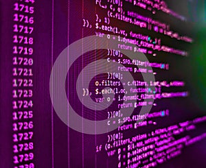 Computer program preview. WWW software development. Screen of web developing php code on dark background. Php language and coding