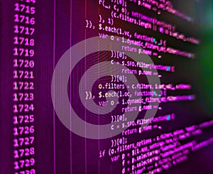 Computer program preview. WWW software development. Screen of web developing php code on dark background. Php language and coding