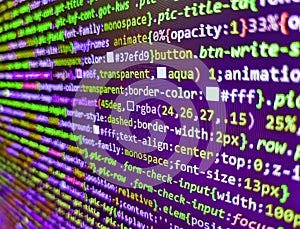Computer program. Website development. Abstract program code on computer screen. Hi-tech modern screen of data, digits and chars
