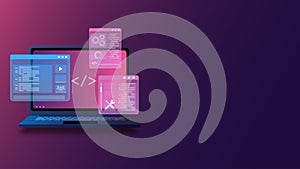 Computer Programing, Coding, Web Development with Isometric Laptop Displaying Futuristic UI