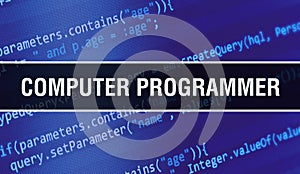Computer programmer with Binary code digital technology background. Abstract background with program code and computer programmer