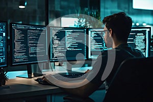 Computer programmer coding in a modern office, surrounded by multiple screens displaying code data. Generative AI