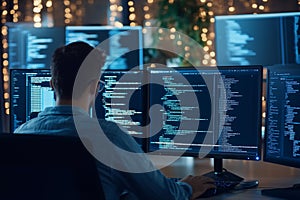 Computer programmer coding in a modern office, surrounded by multiple screens displaying code data. Generative AI