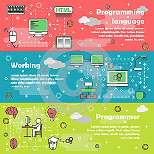 Computer programmer concept vector flat line art banner set