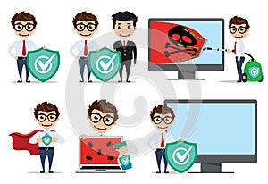 Computer programmer vector character set. Computer technician using antivirus application computers