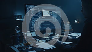 Computer Programmer Working Late on Code in a Dark Office