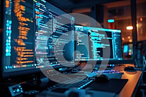 Computer programmer writing code on multiple monitors at night