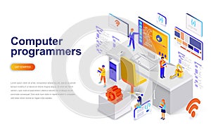 Computer programmers modern flat design isometric concept.
