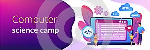 Computer programming camp concept banner header.