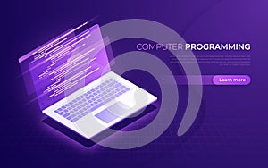 Computer programming, coding, testing, debugging isometric concept