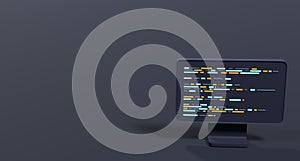 Computer programming or developing software. 3d rendering of flat monitor. Coding 3d render. 3d computer monitor. 3d render