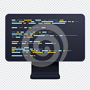 Computer programming or developing software. 3d rendering of flat monitor. Coding 3d render. 3d computer monitor. 3d render