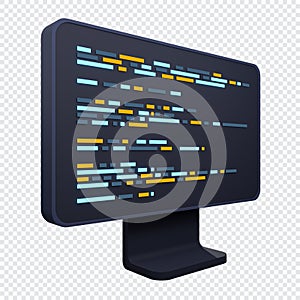 Computer programming or developing software. 3d rendering of flat monitor. Coding 3d render. 3d computer monitor. 3d render