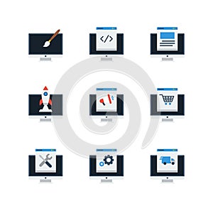 Computer Programming Icons Set Programmer Developer Stock Colored Flat Icon Set Vector