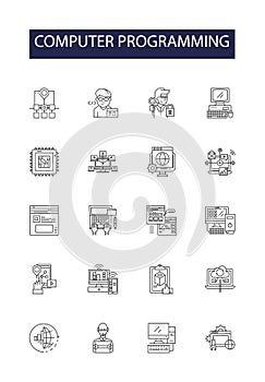Computer programming line vector icons and signs. scripting, debugging, algorithm, software, language, compiler, syntax