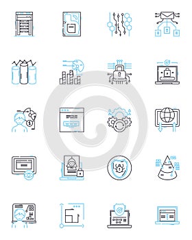 Computer programming linear icons set. Coding, Debugging, Algorithms, Syntax, Functions, Variables, Debugging line
