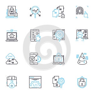 Computer programming linear icons set. Coding, Debugging, Algorithms, Syntax, Functions, Variables, Debugging line
