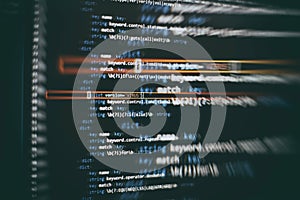Programmer developer screen, web app coding. Script on computer. Modern display of data source code. Programming code abstract